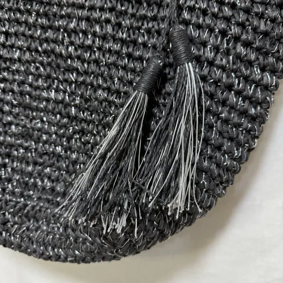 Straw purse bag black boho Medium black handles Silver Metallic Threads - Picture 3 of 7